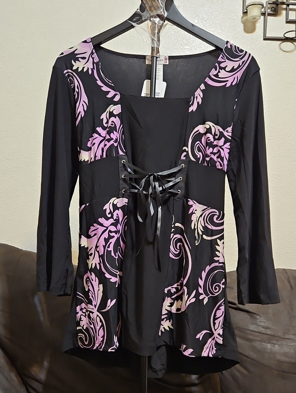FunFash Black Tunic with Lavender Scroll Motif and Lace-Up Front